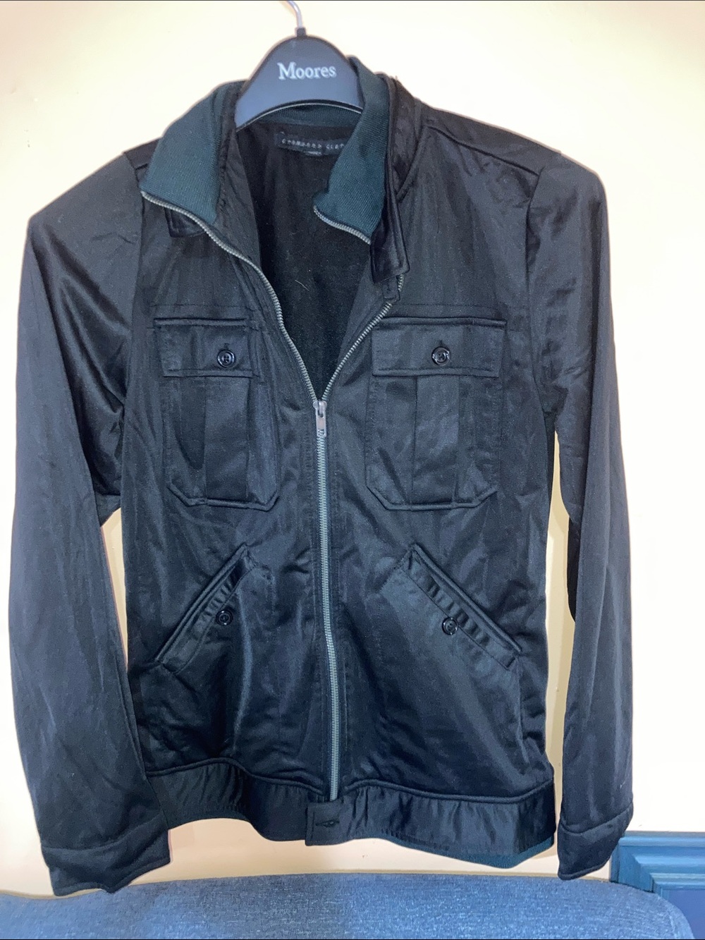 Men's Black Bomber Jacket with Zip and Utility Pockets